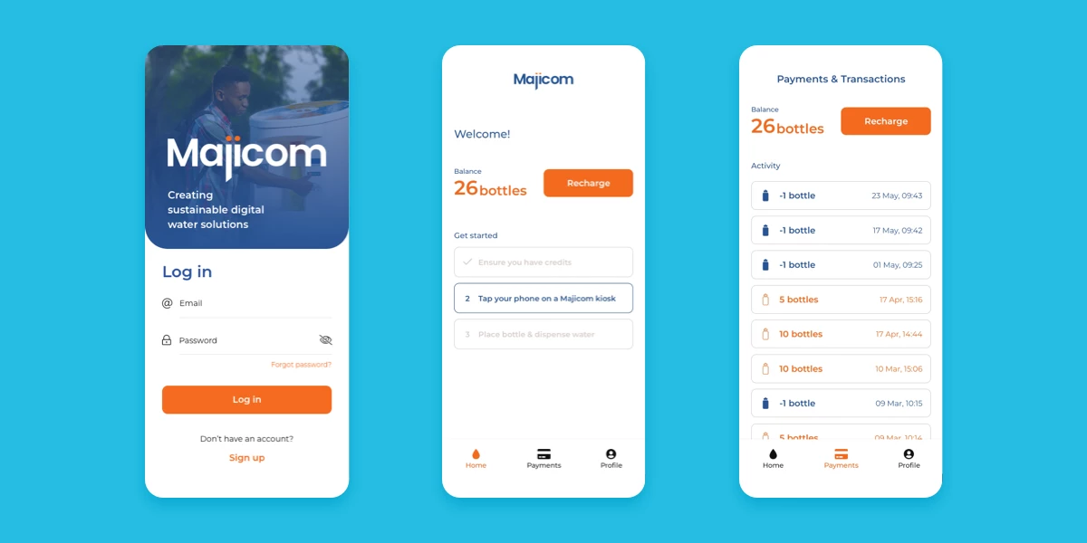 Screenshots of the Majicom app
