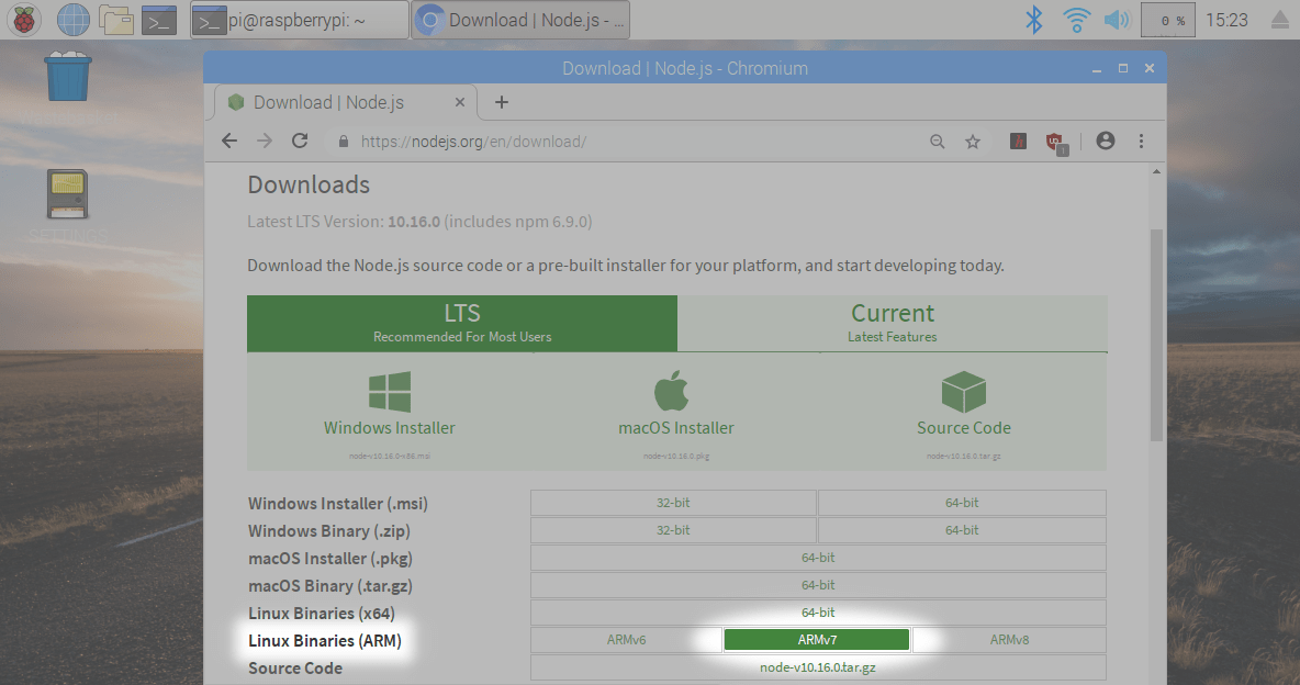 Node.js download page with Linux ARM 7 version highlighted