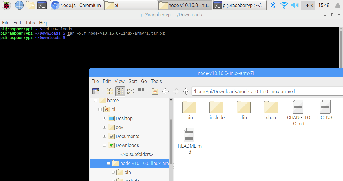 Screenshot: Unpacked files from node-v10.16.0-linux-armv71.tar.xz